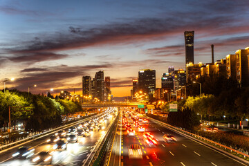 Fototapeta na wymiar Peak traffic flow in the core area of Beijing CBD in the evening