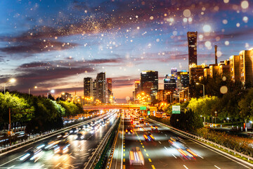 Fototapeta na wymiar Dreamy spots of traffic lights in the core area of Beijing CBD at night