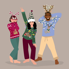 Happy friends in Christmas ugly sweaters party