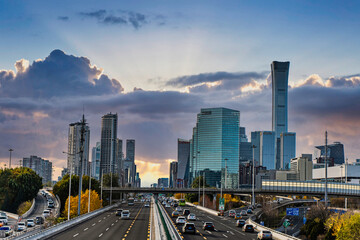 Beijing CBD building traffic flow road sunset morning colorful clouds