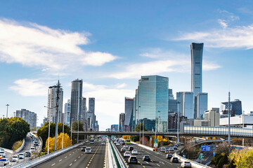 Fototapeta na wymiar Beijing CBD building traffic flow road cloudy weather