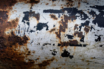 Rusted white painted metal chipped with black surface showing through