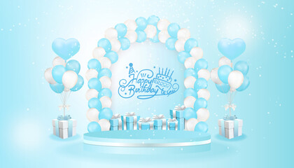 Card in blue and white balloons with balloon arches, love balloons, gift boxes