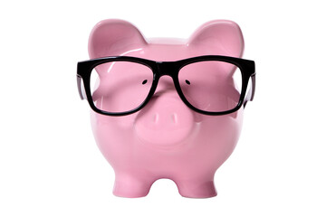 Pink piggy bank wearing glasses college fund saving money concept isolated front view transparent...