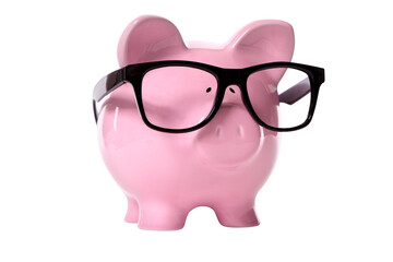 Piggybank wearing glasses college fund saving concept isolated transparent background photo PNG file