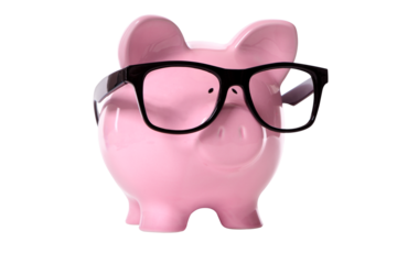 Piggybank wearing glasses college fund saving concept isolated transparent background photo PNG file