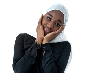 Portrait of smiling African Muslim woman in Hijab, African islamic girl looking at camera, isolated...