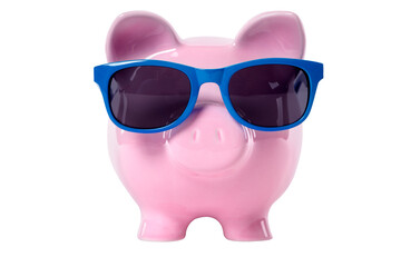 Pink piggy bank wearing sunglasses vacation saving concept isolated transparent background photo...