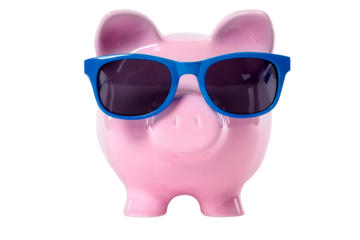 Pink piggy bank wearing sunglasses vacation saving concept isolated transparent background photo PNG file