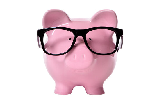 Pink piggy bank wearing glasses college fund saving money concept isolated front view transparent background photo PNG file