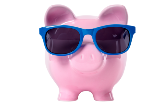 Pink piggy bank wearing sunglasses vacation saving concept isolated transparent background photo PNG file