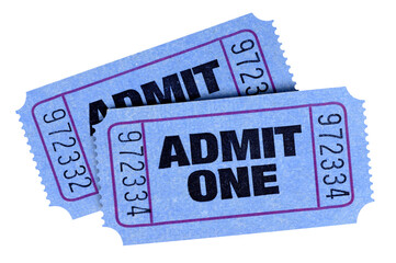 Two blue admit one movie tickets isolated cut out transparent background photo PNG file - obrazy, fototapety, plakaty