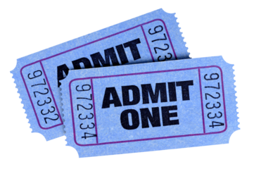 Two blue admit one movie tickets isolated cut out transparent background photo PNG file