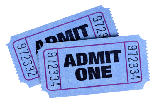 Two blue admit one movie tickets isolated cut out transparent background photo PNG file