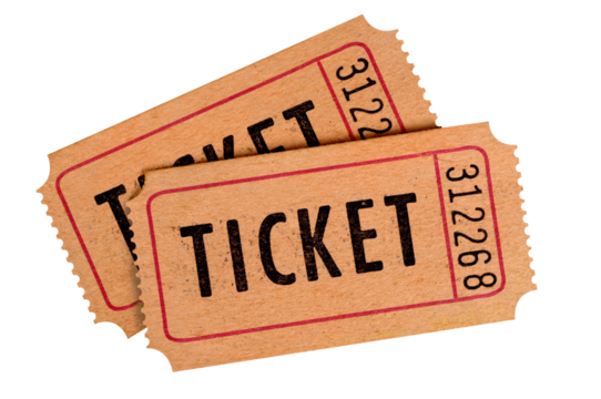 Two old worn vintage ticket stub movie admission isolated transparent background photo PNG file
