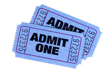 Two blue admit one movie cinema or theater tickets isolated transparent background photo PNG file
