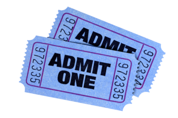 Two blue admit one movie cinema or theater tickets isolated transparent background photo PNG file