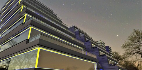 Corner view of the contemporary hotel with illuminated window archs in yellow under the evening starry sky. 3d rendering. © Oleksandr