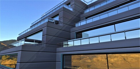 Exclusive design of the facade of a club hotel of a closed type, located in a hard-to-reach mountainous region of the USA for meeting high-ranking guests. 3d rendering.