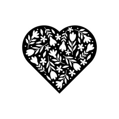 Floral heart vector illustration. Hand drawn black silhouette with flowers, herbs, leaves for holiday - Valentine Day, Mothers Day, Womens Day. For greeting card, invitation, t shirt print, poster.