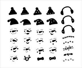 Cute snowman faces vector collection. Merry Christmas decor illustration. Xmas cartoon character. Winter holiday season design. Snowman head for greeting card, poster, print.