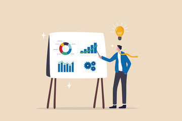 Sales pitch or presentation for business idea and opportunity, presenting proposal or plan to client or prospect, convince or selling concept, confidence businessman present sales pitch on whiteboard. - obrazy, fototapety, plakaty