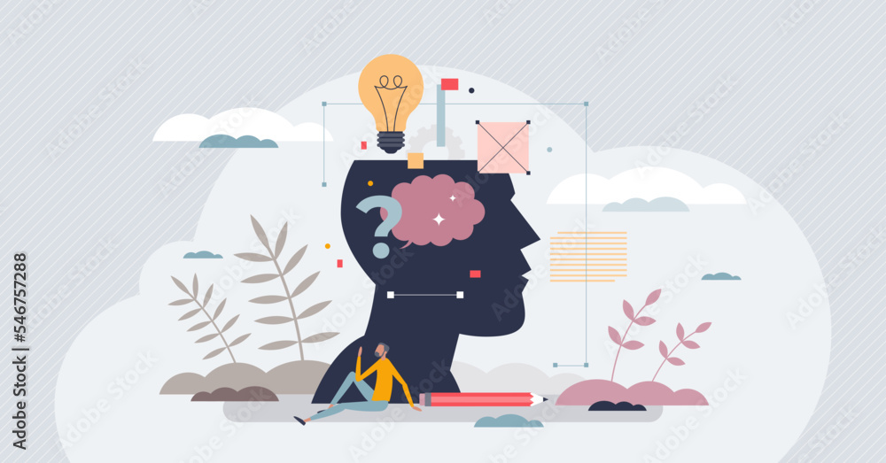 Aufkleber design thinking and creative project idea development tiny person concept. innovative process manage