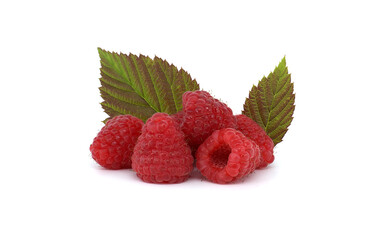 Red ripe raspberry fruits with green leaves