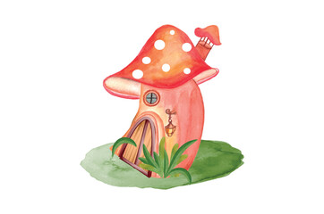 Watercolor magical gnome house illustration, fantasy fairy garden house with wooden door and green leaves for cartoon illustration, cards, invitations, t-shirts