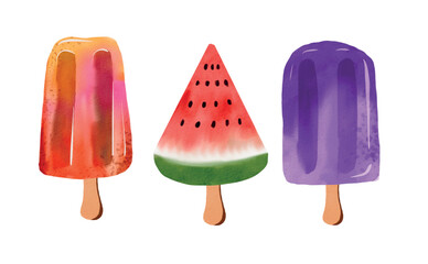 Colorful hand-drawn watercolor popsicles set with transparent background