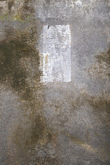 Old and distressed concrete wall with black mold and painted white rectangle