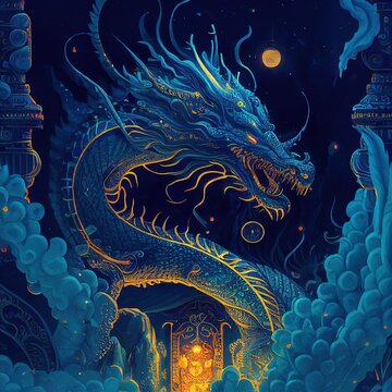 Chinese Golden Dragon Boat Flying in the Dark Night. Animal Creature Character Design Concept Art Characters. Book Illustration. Video Game Characters. Serious Digital Painting. CG Artwork Background
