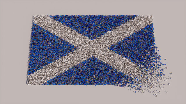 Aerial view of a Crowd of People, congregating to form the Flag of Scotland. Scottish Banner on White Background.