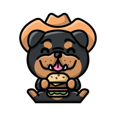 A CUTE BULLDOG IS HOLDING A BURGER CARTOON ILLUSTRATION