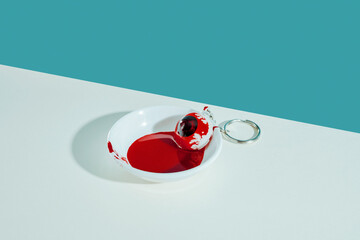 eyeball in a puddle of blood in a small bowl