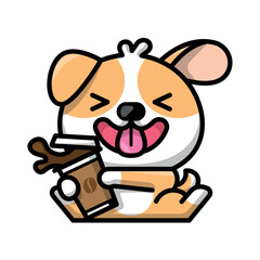 A CUTE PUPPY IS HOLDING A CUP OF COFFEE CARTOON ILLUSTRATION