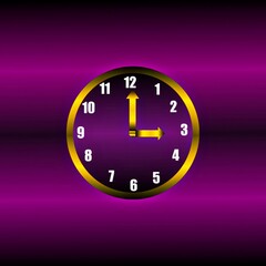 Illustration of golden clock with deep violet colour background and with silver numbers showing time 3'o clock