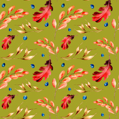 Bright autumn red leaves and spikelet watercolor seamless pattern on green.