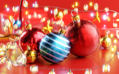 Close Up Dreamy Christmas Ball Red Blue Gold Christmas Lights Bokeh 3D Render © natanaelginting