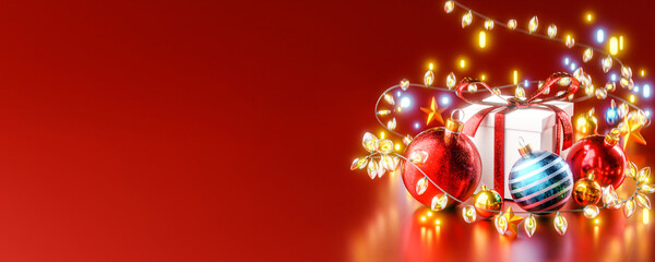 Dreamy Box Gift Christmas Ball Red Blue Gold Christmas Lights Bokeh Red Background Banner Copy Space 3D Render - 546763298
