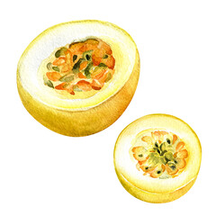 Yellow passion fruits watercolor illustration isolated on white background.