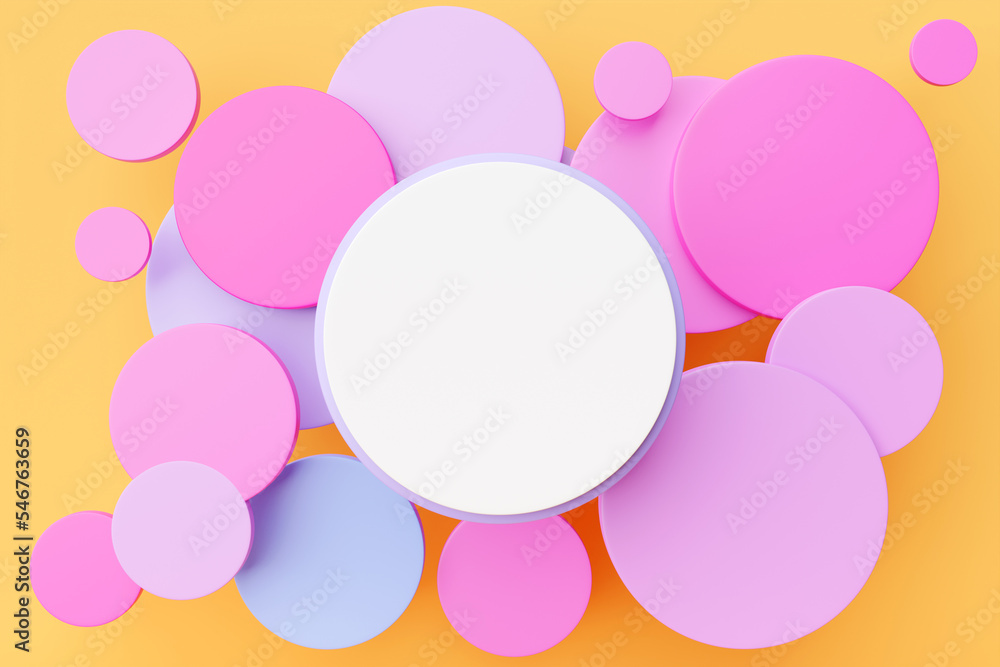 Poster 3d illustration white round frame for text on a colorful background with many circles.