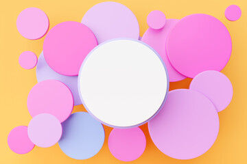 3D illustration white  round frame  for text on a  colorful   background with many circles.