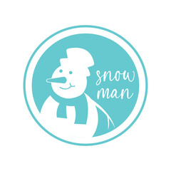 Snowman round sign. Christmas  typography lettering badge emblem. Vector logo design for postcard, invitation, greeting card, poster, gift..