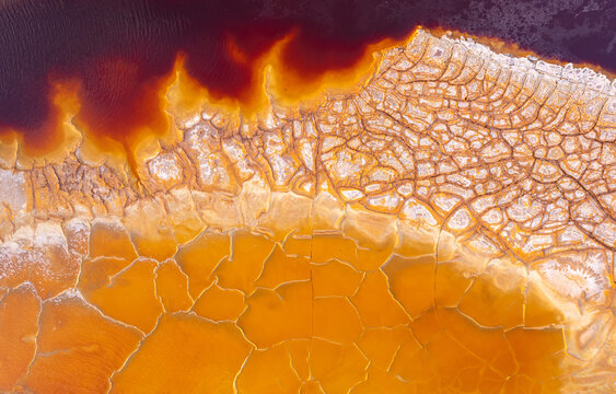 Abstract flowing rivers on vibrant orange, blue, red colors. Top view