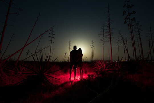 Hugged couple silhouette on surreal night scenery
