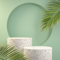 3d Illustration Step Podium Stage With Palm Leaves On Pastel Backgrounds