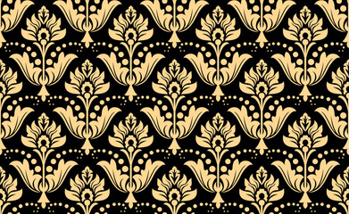 Fototapeta premium Wallpaper in the style of Baroque. Seamless vector background. Gold and black floral ornament. Graphic pattern for fabric, wallpaper, packaging. Ornate Damask flower ornament