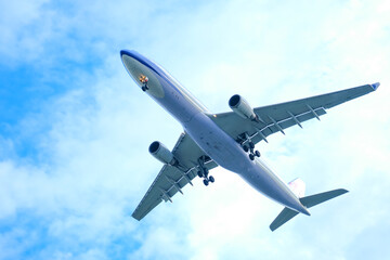 Commercial planes take off in the sky and travel to the designated destination. transportation concept