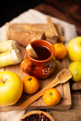 Ponche de Frutas. Christmas fruit punch is an infusion that is consumed in Mexico, traditionally during posadas and Christmas time. Served in a handmade clay cup called cantarito.